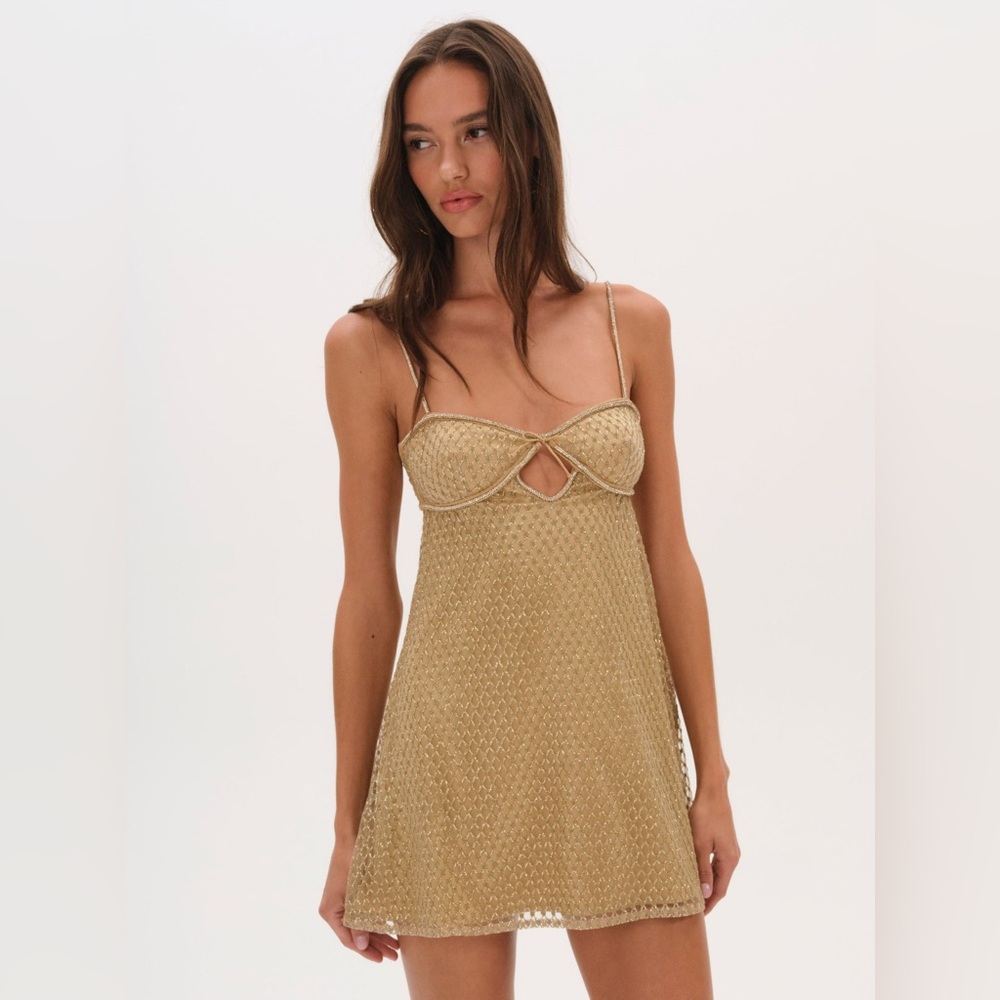 For Love & Lemons Glitter Slip Mini Dress in Gold -XS